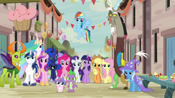 Size: 1280x720 | Tagged: safe, derpibooru import, edit, edited screencap, editor:zcord, screencap, applejack, discord, fluttershy, pinkie pie, princess cadance, princess celestia, princess flurry heart, princess luna, rainbow dash, rarity, shining armor, spike, thorax, trixie, twilight sparkle, twilight sparkle (alicorn), alicorn, changedling, changeling, draconequus, dragon, pegasus, pony, to where and back again, balloon, food, king thorax, magician outfit, mane seven, mane six, smiling