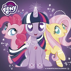 Size: 1500x1500 | Tagged: safe, artist:day dream, derpibooru import, fluttershy, pinkie pie, twilight sparkle, twilight sparkle (alicorn), alicorn, earth pony, pegasus, pony, 2018 my little pony wall calendar (day dream), amazon.com, calendar, glowing horn, heart eyes, horn, merchandise, missing nostrils, my little pony logo, official, wingding eyes