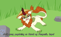 Size: 1004x615 | Tagged: safe, alternate version, artist:jargon scott, derpibooru import, autumn blaze, kirin, fangs, female, filipino, filthy frank, hat, looking at you, meme, solo, subtitles, vulgar, welcome to the rice fields