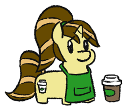 Size: 303x263 | Tagged: safe, artist:jargon scott, derpibooru import, oc, oc only, oc:java chip, pony, unicorn, apron, clothes, coffee cup, cup, female, mare, simple background, solo, squatpony, white background