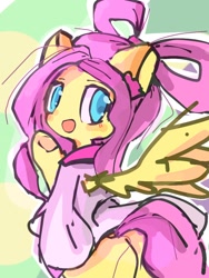 Size: 768x1024 | Tagged: safe, artist:pnpn_721, derpibooru import, fluttershy, pegasus, pony, bow, clothes, colored pupils, female, looking at you, looking back, looking back at you, mare, open mouth, raised hoof, raised leg, solo