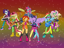 Size: 2048x1536 | Tagged: safe, artist:mintymelody, derpibooru import, applejack, fluttershy, pinkie pie, rainbow dash, rarity, sunset shimmer, twilight sparkle, equestria girls, rainbow rocks, drums, guitar, horn, humane five, humane seven, humane six, keytar, microphone, musical instrument, ponied up, redraw, tambourine, the rainbooms, welcome to the show