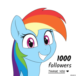 Size: 2000x2000 | Tagged: safe, artist:irisarco, derpibooru import, rainbow dash, pegasus, pony, 1000 followers, animated, cute, dashabetes, ear fluff, ears, eye shimmer, female, follower count, gif, grin, high res, looking at you, mare, simple background, smiling, smiling at you, solo, text, watermark, white background