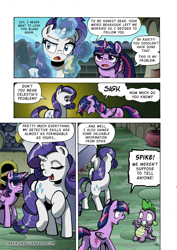 Size: 1204x1700 | Tagged: safe, artist:tarkron, derpibooru import, rarity, spike, twilight sparkle, twilight sparkle (alicorn), alicorn, dragon, pony, unicorn, comic:the royal sandal, butt, comic, female, male, mare, plot, speech bubble