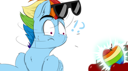 Size: 2050x1152 | Tagged: safe, derpibooru import, rainbow dash, zapp, apple, food, older, older rainbow dash, power ponies, rainbow dash always dresses in style, sunglasses, sunglasses on head