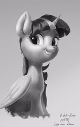 Size: 2426x3840 | Tagged: safe, artist:robinrain8, derpibooru import, twilight sparkle, twilight sparkle (alicorn), alicorn, pony, blue background, cute, female, grayscale, mare, monochrome, simple background, smiling, solo, style emulation, twiabetes