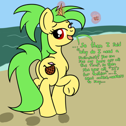 Size: 2000x2000 | Tagged: safe, artist:dafiltafish, derpibooru import, oc, oc:piña, pony, unicorn, beach, solo, text, we don't normally wear clothes