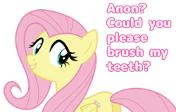 Size: 3774x2404 | Tagged: safe, derpibooru import, fluttershy, pegasus, pony, female, high res, implied anon, mare, simple background, smiling, solo, talking, teeth, text, transparent background, vector