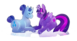 Size: 1280x679 | Tagged: safe, artist:lockandkeyhyena, derpibooru import, rarity, twilight sparkle, twilight sparkle (alicorn), alicorn, pony, unicorn, blushing, cloven hooves, curved horn, female, hair bun, horn, lesbian, lying down, prone, rarilight, shipping, simple background, tail bun, transparent background