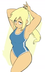 Size: 1499x2401 | Tagged: safe, artist:llama_draws, derpibooru import, applejack, equestria girls, alternate hairstyle, arm behind head, armpits, clothes, high angle, lidded eyes, looking at you, one-piece swimsuit, ponytail, solo, swimsuit, wide hips