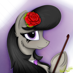 Size: 4000x4000 | Tagged: safe, artist:ser-p, derpibooru import, octavia melody, earth pony, pony, absurd resolution, bow (instrument), bust, cello bow, chest fluff, female, flower, flower in hair, hoof hold, looking at you, mare, portrait, rose, smiling, solo