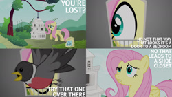 Size: 1280x720 | Tagged: safe, derpibooru import, edit, edited screencap, editor:quoterific, screencap, fluttershy, bird, pegasus, pony, inspiration manifestation, season 4, bird house, confused, female, mare, open mouth, tree