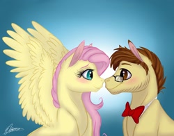 Size: 2048x1602 | Tagged: safe, artist:eperyton, derpibooru import, fluttershy, oc, earth pony, pegasus, pony, blushing, bowtie, canon x oc, earth pony oc, eye contact, female, glasses, gradient background, looking at each other, male, mare, noseboop, shipping, signature, smiling, spread wings, stallion, straight, wings