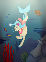Size: 1264x1716 | Tagged: safe, artist:lanternik, derpibooru import, princess skystar, fish, seapony (g4), turtle, my little pony: the movie, blue eyes, blue mane, blue tail, bubble, coral, crepuscular rays, dorsal fin, fin wings, fins, fish tail, flower, flower in hair, freckles, glow, jewelry, necklace, ocean, pearl necklace, rock, seaweed, smiling, solo, sunlight, swimming, tail, underwater, water, wings