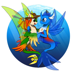 Size: 1600x1582 | Tagged: safe, artist:nightmareadagio, derpibooru import, oc, oc only, changedling, changeling, seapony (g4), blue eyes, clothes, crepuscular rays, deviantart watermark, dorsal fin, fin wings, fish tail, flowing mane, flowing tail, glasses, green eyes, hat, horns, obtrusive watermark, ocean, open mouth, open smile, orange mane, seaponified, see-through, smiling, species swap, sunlight, tail, underwater, water, watermark, wings