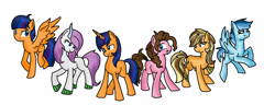 Size: 3000x1150 | Tagged: safe, artist:abi-pony, derpibooru import, oc, oc only, oc:apple buck, oc:bella di le, oc:mega mind, oc:party candy, oc:rain lightning, oc:violet meteorite, dracony, earth pony, hybrid, pegasus, pony, unicorn, female, interspecies offspring, male, mare, next generation, offspring, parent:applejack, parent:caramel, parent:cheese sandwich, parent:flash sentry, parent:pinkie pie, parent:rainbow dash, parent:rarity, parent:soarin', parent:spike, parent:twilight sparkle, parents:carajack, parents:cheesepie, parents:flashlight, parents:soarindash, parents:sparity, simple background, stallion, white background