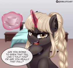 Size: 2000x1860 | Tagged: safe, artist:dibujito, derpibooru import, oc, oc only, oc:adrianee, unicorn, bed, bedroom, complex background, cup, dialogue, food, smug, solo, tea, teacup