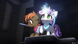 Size: 4000x2250 | Tagged: safe, artist:symbianl, derpibooru import, button mash, sweetie belle, earth pony, pony, unicorn, colt, don't mine at night, female, filly, foal, magic, male, minecraft, mouth hold, sweat