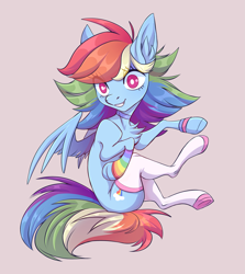 Size: 2061x2307 | Tagged: safe, artist:1an1, derpibooru import, rainbow dash, pegasus, pony, clothes, cute, dashabetes, double mane, ear fluff, ears, leg warmers, smiling, socks, solo, spread wings, striped socks, thigh highs, underhoof, white socks, wings