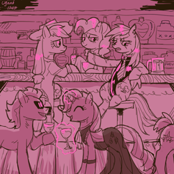 Size: 800x800 | Tagged: safe, artist:cyan-six, derpibooru import, applejack, pinkie pie, rainbow dash, rarity, earth pony, pegasus, pony, unicorn, the cutie re-mark, alcohol, alternate timeline, apocalypse dash, applejack's hat, bar, barstool, beer, beer mug, clothes, cowboy hat, crystal war timeline, dress, eyes closed, female, glass, hat, latex leotard, leaning, magic, male, mare, monochrome, necktie, neo noir, partial color, scar, smiling, stallion, sunglasses, telekinesis, torn ear, wine glass