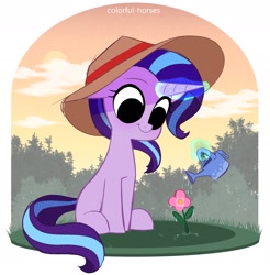 Size: 2295x2335 | Tagged: safe, artist:syrupyyy, derpibooru import, starlight glimmer, pony, unicorn, :t, cute, female, flower, garden, gardening, glimmerbetes, glowing horn, hat, horn, levitation, looking at something, magic, mare, missing cutie mark, sitting, smiling, solo, sun hat, telekinesis, watering, watering can