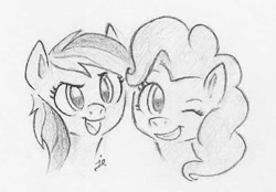 Size: 531x370 | Tagged: safe, artist:swiftcutter, derpibooru import, pinkie pie, rainbow dash, earth pony, pegasus, pony, bust, duo, female, grayscale, grin, mare, monochrome, one eye closed, open mouth, open smile, pencil drawing, smiling, traditional art, wink