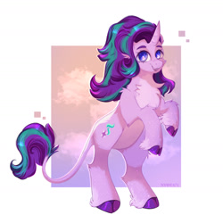 Size: 1680x1680 | Tagged: safe, artist:nyota71, derpibooru import, starlight glimmer, pony, unicorn, bipedal, chest fluff, cloud, cloven hooves, female, fluffy, leonine tail, looking at you, mare, open mouth, open smile, rearing, redesign, simple background, smiling, smiling at you, solo, unshorn fetlocks