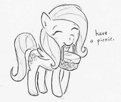 Size: 706x593 | Tagged: safe, artist:swiftcutter, derpibooru import, fluttershy, pegasus, pony, basket, eyes closed, female, grayscale, mare, monochrome, mouth hold, pencil drawing, picnic basket, smiling, solo, traditional art