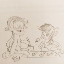 Size: 640x640 | Tagged: safe, artist:snowzaaah, derpibooru import, applejack, rainbow dash, earth pony, pegasus, pony, appledash, appledashdailydoodles, female, lesbian, monochrome, pencil drawing, shipping, sketch, traditional art