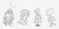 Size: 1280x628 | Tagged: safe, artist:swiftcutter, derpibooru import, rainbow dash, oc, anthro, cat, cockroach, insect, pegasus, pony, robot, chair, female, grayscale, mare, monochrome, non-mlp oc, pencil drawing, sketch, sketch dump, traditional art