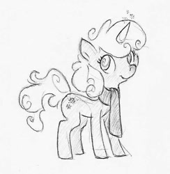 Size: 585x600 | Tagged: safe, artist:swiftcutter, derpibooru import, oc, oc only, oc:winter breeze, pony, unicorn, clothes, female, grayscale, mare, monochrome, pencil drawing, scarf, solo, swirly eyes, traditional art