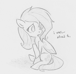 Size: 653x633 | Tagged: safe, artist:swiftcutter, derpibooru import, fluttershy, pegasus, pony, cute, daaaaaaaaaaaw, female, grayscale, mare, monochrome, pencil drawing, scared, shyabetes, sitting, solo, traditional art