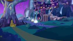 Size: 1280x720 | Tagged: safe, derpibooru import, screencap, student counsel, background, night, no pony, ponyville, scenic ponyville, school of friendship, twilight's castle, waterfall