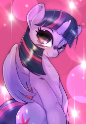 Size: 1424x2048 | Tagged: safe, artist:kurogewapony, derpibooru import, twilight sparkle, twilight sparkle (alicorn), alicorn, pony, blushing, cute, female, looking at you, mare, one eye closed, simple background, smiling, smiling at you, solo, twiabetes, wink