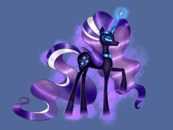 Size: 2828x2121 | Tagged: safe, artist:earwynn, derpibooru import, nightmare rarity, pony, unicorn, blue background, blue eyes, colored pupils, eyelashes, female, flowing mane, flowing tail, glowing horn, grin, horn, purple mane, purple tail, simple background, smiling, solo