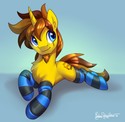 Size: 2058x2000 | Tagged: safe, artist:jedayskayvoker, derpibooru import, oc, oc only, oc:ethanater, pony, unicorn, beard, clothes, facial hair, facial markings, gradient background, high res, horn, lying down, male, prone, smiling, socks, solo, stallion, striped socks, unicorn oc