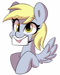 Size: 2400x3000 | Tagged: safe, artist:sakukitty, derpibooru import, derpy hooves, pegasus, pony, bust, cute, derpabetes, eyebrows, eyebrows visible through hair, female, heart eyes, high res, letter, mare, mouth hold, simple background, solo, white background, wingding eyes
