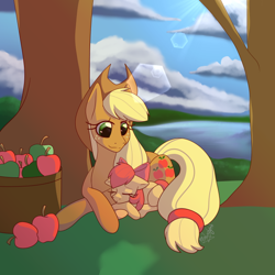 Size: 640x640 | Tagged: safe, artist:sofua, derpibooru import, apple bloom, applejack, apple, female, filly, food, mare, siblings, tree