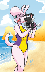 Size: 1199x1914 | Tagged: safe, artist:duragan, derpibooru import, pom lamb, anthro, sheep dog, them's fightin' herds, adorasexy, beach, busty pom, clothes, community related, cute, licking, one eye closed, one-piece swimsuit, puppy, sexy, summer, swimsuit, tongue, tongue out, wave, wink