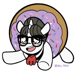 Size: 680x634 | Tagged: safe, artist:lrusu, derpibooru import, raven, unicorn, commission, cute, donut, female, food, glasses, hair bun, looking at you, mare, necktie, ravenbetes, secretary, simple background, smiling, smiling at you, sprinkles, white background, ych result