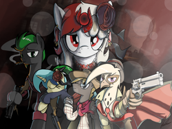 Size: 4000x3000 | Tagged: safe, artist:flaremoon, derpibooru import, oc, oc:flare-moon, oc:mercury haze, oc:razlad, oc:trestle, oc:villainshima, earth pony, griffon, pegasus, pony, unicorn, brass knuckles, cigar, clothes, griffon oc, gun, handgun, hat, jewelry, mafia, revolver, shotgun, weapon