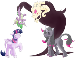 Size: 2500x1900 | Tagged: safe, artist:heartbeat420, derpibooru import, fhtng th§ ¿nsp§kbl, oleander, spike, twilight sparkle, twilight sparkle (alicorn), alicorn, classical unicorn, demon, dragon, pony, unicorn, them's fightin' herds, cloven hooves, community related, crossover, eyes closed, female, holding, holding a dragon, holding leg, leonine tail, looking at each other, looking up, male, open mouth, simple background, smug, unshorn fetlocks, white background, winged spike