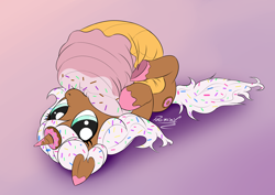 Size: 3508x2480 | Tagged: safe, artist:reminic, derpibooru import, oc, pony, unicorn, commission, cupcake, cute, cutie mark, donut, food, hugging a pillow, munching, playful, plushie