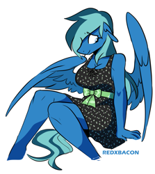 Size: 743x833 | Tagged: safe, artist:redxbacon, derpibooru import, oc, oc only, oc:dewfus, anthro, pegasus, breasts, clothes, dress, female, simple background, solo, white background