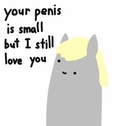 Size: 2048x2048 | Tagged: safe, artist:2merr, ponerpics import, derpy hooves, :), blob ponies, dialogue, dot eyes, drawn on phone, drawthread, female, implied small penis, simple background, small penis appreciation, smiley face, smiling, solo, talking to viewer, white background