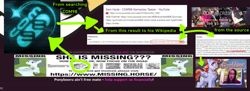 Size: 1025x374 | Tagged: safe, artist:badumsquish, oc, oc:kohlette, 4chan, advertisement, com98, conspiracy theory, flowchart, million dollar extreme, missing.horse, ponybooru, sam hyde, screenshots, text, toilet