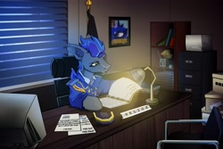 Size: 3000x2000 | Tagged: safe, artist:imadeoos, derpibooru import, princess luna, oc, bat pony, pony, bat pony oc, bat wings, chair, clothes, computer, desk, desk lamp, ear fluff, ears, flag, folded wings, high res, indoors, male, military uniform, office, paperwork, solo, stallion, uniform, wings