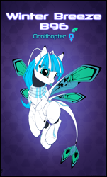 Size: 3770x6253 | Tagged: safe, alternate version, artist:xn-d, derpibooru import, oc, oc only, oc:winter breeze, original species, pony, robot, robot pony, :p, abstract background, absurd resolution, butterfly wings, clothes, eye clipping through hair, female, flying, ponymorph, reference sheet, scarf, solo, text, tongue, tongue out, wings