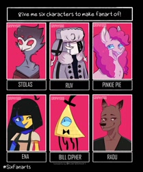 Size: 858x1024 | Tagged: safe, artist:griphy666, derpibooru import, pinkie pie, anthro, earth pony, pony, :d, anthro with ponies, bill cipher, bowtie, bust, crossover, ena, female, gravity falls, hat, hazbin hotel, male, mare, open mouth, radu, six fanarts, smiling, stolas, top hat