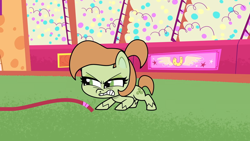 Size: 1920x1080 | Tagged: safe, derpibooru import, screencap, earth pony, pony, flutterdash (episode), my little pony: pony life, clover swirl, female, mare, solo, tug of war